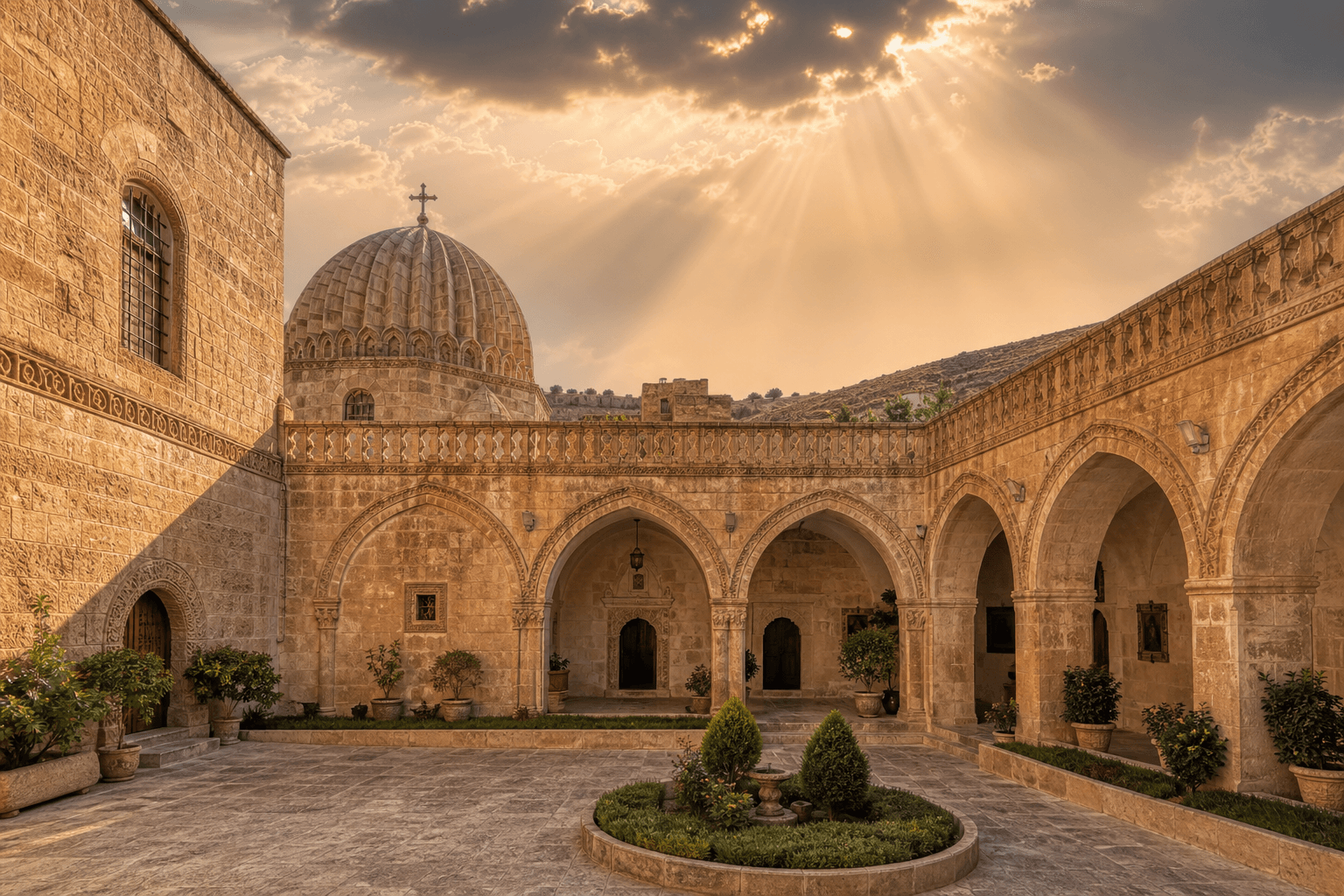 Tarihi kilise avlusu ve güven veren manevi danışmanlık atmosferi